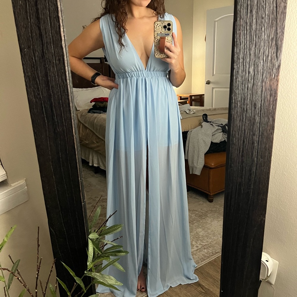 Baby Blue Flowy Romper Formal Dress